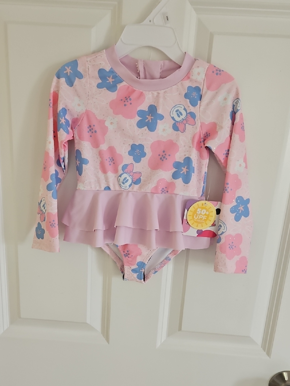 Girls Pink Floral Long-Sleeve Ruffle One-Piece Swimsuit